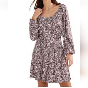 Boden Purple White Scoop Tiered Jersey Mini Dress Long Sleeve Womens Size 8L
